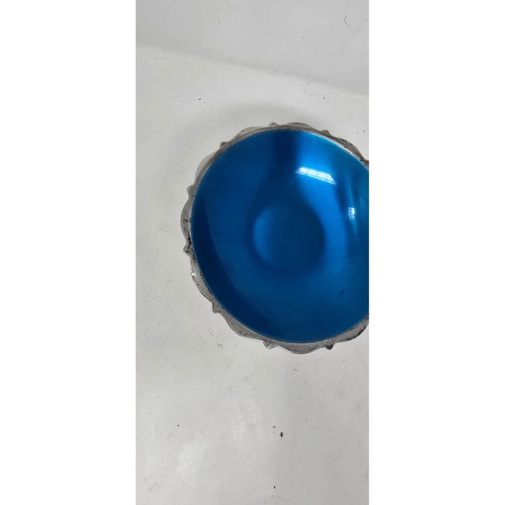 Vtg Wm. A. Rogers mid century silver plate blue enamel compote candy dish bowl